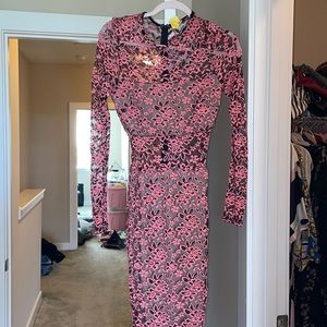 Floral pink and black lace dress see thru midriff